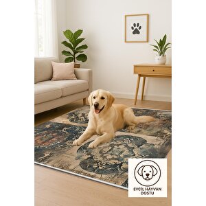 Oturma Odası Halısı – Lacivert; Bej – Eskitilmiş Görünümlü Tasarım, Makinede Yıkanabilir, Kolay Temizlenebilir, Toz Ve Tüy Tutmaz, Kaymaz, Evcil Hayvan Dostu 120x180 cm