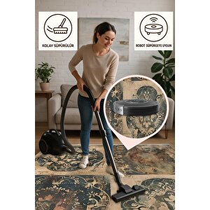 Oturma Odası Halısı – Lacivert; Bej – Eskitilmiş Görünümlü Tasarım, Makinede Yıkanabilir, Kolay Temizlenebilir, Toz Ve Tüy Tutmaz, Kaymaz, Evcil Hayvan Dostu