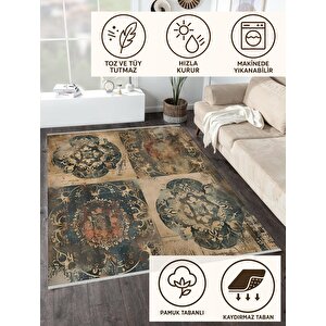 Oturma Odası Halısı – Lacivert; Bej – Eskitilmiş Görünümlü Tasarım, Makinede Yıkanabilir, Kolay Temizlenebilir, Toz Ve Tüy Tutmaz, Kaymaz, Evcil Hayvan Dostu