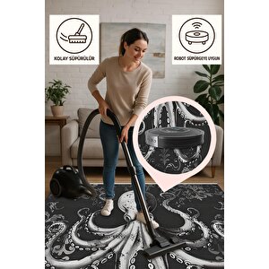Pamuk Dokuma Taban Halı – Siyah; Gri – Ahtapot Desen, Makinede Yıkanabilir, Kolay Temizlenebilir, Toz Ve Tüy Tutmaz, Kaymaz, Evcil Hayvan Dostu