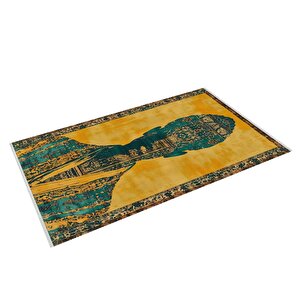 Pamuk Dokuma Taban Halı – Sarı; Turkuaz; Siyah – Soyut Desen, Makinede Yıkanabilir, Kolay Temizlenebilir, Toz Ve Tüy Tutmaz, Kaymaz, Evcil Hayvan Dostu
