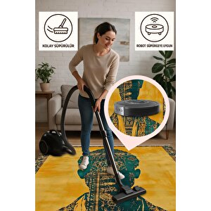 Pamuk Dokuma Taban Halı – Sarı; Turkuaz; Siyah – Soyut Desen, Makinede Yıkanabilir, Kolay Temizlenebilir, Toz Ve Tüy Tutmaz, Kaymaz, Evcil Hayvan Dostu