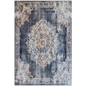 Pamuk Tabanlı Kaymaz Halı – Lacivert; Bej; Krem – Oriental Desen, Pamuk Dokuma Taban, Makinede Yıkanabilir, Kolay Temizlenebilir, Toz Ve Tüy Tutmaz, Kaymaz, Evcil Hayvan Dostu 120x270 cm