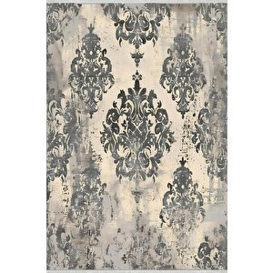 Pamuk Dokuma Taban Halı – Gri; Krem – Damask Desen, Makinede Yıkanabilir, Kolay Temizlenebilir, Toz Ve Tüy Tutmaz, Kaymaz, Evcil Hayvan Dostu 150x300 cm