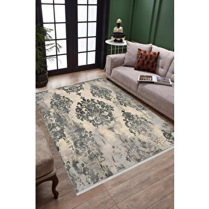 Pamuk Dokuma Taban Halı – Gri; Krem – Damask Desen, Makinede Yıkanabilir, Kolay Temizlenebilir, Toz Ve Tüy Tutmaz, Kaymaz, Evcil Hayvan Dostu 150x300 cm