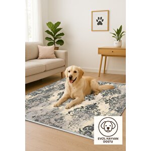 Pamuk Dokuma Taban Halı – Gri; Krem – Damask Desen, Makinede Yıkanabilir, Kolay Temizlenebilir, Toz Ve Tüy Tutmaz, Kaymaz, Evcil Hayvan Dostu 150x300 cm