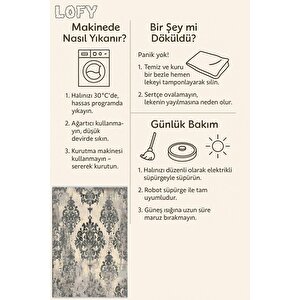 Pamuk Dokuma Taban Halı – Gri; Krem – Damask Desen, Makinede Yıkanabilir, Kolay Temizlenebilir, Toz Ve Tüy Tutmaz, Kaymaz, Evcil Hayvan Dostu