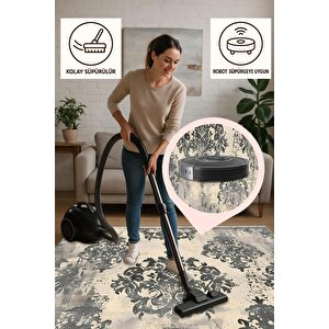 Pamuk Dokuma Taban Halı – Gri; Krem – Damask Desen, Makinede Yıkanabilir, Kolay Temizlenebilir, Toz Ve Tüy Tutmaz, Kaymaz, Evcil Hayvan Dostu