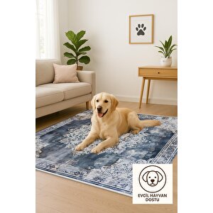 Pamuk Tabanlı Kaymaz Halı – Lacivert; Bej; Krem – Oriental Desen, Pamuk Dokuma Taban, Makinede Yıkanabilir, Kolay Temizlenebilir, Toz Ve Tüy Tutmaz, Kaymaz, Evcil Hayvan Dostu