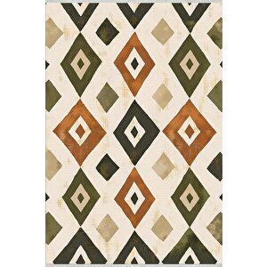 Pamuk Dokuma Taban Halı – Green; Orange; Beige – Geometric Desen, Makinede Yıkanabilir, Kolay Temizlenebilir, Toz Ve Tüy Tutmaz, Kaymaz, Evcil Hayvan Dostu
