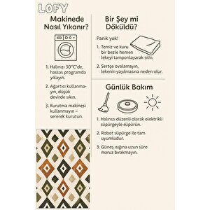 Pamuk Dokuma Taban Halı – Green; Orange; Beige – Geometric Desen, Makinede Yıkanabilir, Kolay Temizlenebilir, Toz Ve Tüy Tutmaz, Kaymaz, Evcil Hayvan Dostu