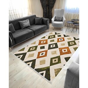 Pamuk Dokuma Taban Halı – Green; Orange; Beige – Geometric Desen, Makinede Yıkanabilir, Kolay Temizlenebilir, Toz Ve Tüy Tutmaz, Kaymaz, Evcil Hayvan Dostu