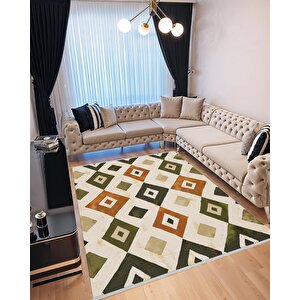 Pamuk Dokuma Taban Halı – Green; Orange; Beige – Geometric Desen, Makinede Yıkanabilir, Kolay Temizlenebilir, Toz Ve Tüy Tutmaz, Kaymaz, Evcil Hayvan Dostu