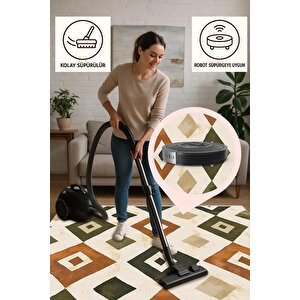 Pamuk Dokuma Taban Halı – Green; Orange; Beige – Geometric Desen, Makinede Yıkanabilir, Kolay Temizlenebilir, Toz Ve Tüy Tutmaz, Kaymaz, Evcil Hayvan Dostu
