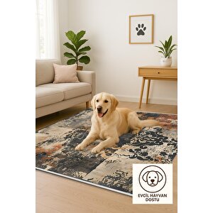 Oturma Odası Halısı – Siyah; Bej – Eskitilmiş Görünümlü Tasarım, Makinede Yıkanabilir, Kolay Temizlenebilir, Toz Ve Tüy Tutmaz, Kaymaz, Evcil Hayvan Dostu