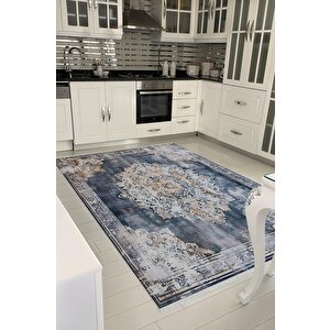 Pamuk Tabanlı Kaymaz Halı – Lacivert; Bej; Krem – Oriental Desen, Pamuk Dokuma Taban, Makinede Yıkanabilir, Kolay Temizlenebilir, Toz Ve Tüy Tutmaz, Kaymaz, Evcil Hayvan Dostu 150x300 cm