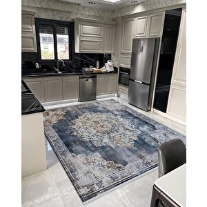 Pamuk Tabanlı Kaymaz Halı – Lacivert; Bej; Krem – Oriental Desen, Pamuk Dokuma Taban, Makinede Yıkanabilir, Kolay Temizlenebilir, Toz Ve Tüy Tutmaz, Kaymaz, Evcil Hayvan Dostu 150x300 cm