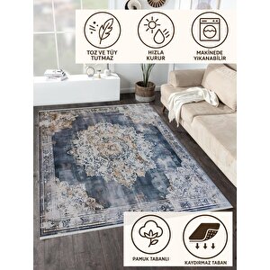 Pamuk Tabanlı Kaymaz Halı – Lacivert; Bej; Krem – Oriental Desen, Pamuk Dokuma Taban, Makinede Yıkanabilir, Kolay Temizlenebilir, Toz Ve Tüy Tutmaz, Kaymaz, Evcil Hayvan Dostu