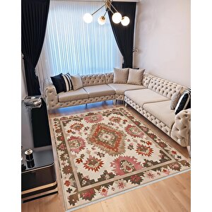 Pamuk Dokuma Taban Halı – Pembe, Kahverengi, Krem, Kırmızı – Oriental Desen, Makinede Yıkanabilir, Kolay Temizlenebilir, Toz Ve Tüy Tutmaz, Kaymaz, Evcil Hayvan Dostu