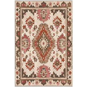 Pamuk Dokuma Taban Halı – Pembe, Kahverengi, Krem, Kırmızı – Oriental Desen, Makinede Yıkanabilir, Kolay Temizlenebilir, Toz Ve Tüy Tutmaz, Kaymaz, Evcil Hayvan Dostu