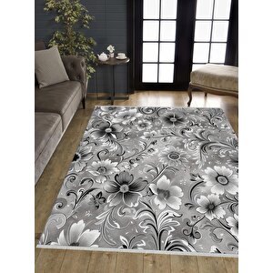 Pamuk Dokuma Taban Halı – Gri; Siyah; Beyaz – Floral Desen, Makinede Yıkanabilir, Kolay Temizlenebilir, Toz Ve Tüy Tutmaz, Kaymaz, Evcil Hayvan Dostu 180x270 cm