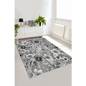Pamuk Dokuma Taban Halı – Gri; Siyah; Beyaz – Floral Desen, Makinede Yıkanabilir, Kolay Temizlenebilir, Toz Ve Tüy Tutmaz, Kaymaz, Evcil Hayvan Dostu 180x270 cm