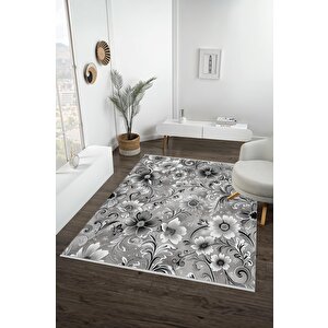 Pamuk Dokuma Taban Halı – Gri; Siyah; Beyaz – Floral Desen, Makinede Yıkanabilir, Kolay Temizlenebilir, Toz Ve Tüy Tutmaz, Kaymaz, Evcil Hayvan Dostu