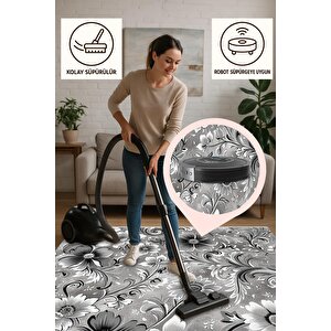 Pamuk Dokuma Taban Halı – Gri; Siyah; Beyaz – Floral Desen, Makinede Yıkanabilir, Kolay Temizlenebilir, Toz Ve Tüy Tutmaz, Kaymaz, Evcil Hayvan Dostu