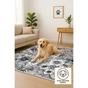 Pamuk Dokuma Taban Halı – Gri; Siyah; Beyaz – Floral Desen, Makinede Yıkanabilir, Kolay Temizlenebilir, Toz Ve Tüy Tutmaz, Kaymaz, Evcil Hayvan Dostu