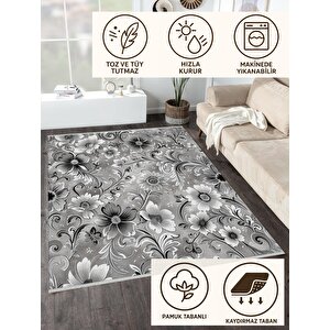 Pamuk Dokuma Taban Halı – Gri; Siyah; Beyaz – Floral Desen, Makinede Yıkanabilir, Kolay Temizlenebilir, Toz Ve Tüy Tutmaz, Kaymaz, Evcil Hayvan Dostu
