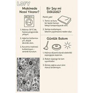 Pamuk Dokuma Taban Halı – Gri; Siyah; Beyaz – Floral Desen, Makinede Yıkanabilir, Kolay Temizlenebilir, Toz Ve Tüy Tutmaz, Kaymaz, Evcil Hayvan Dostu