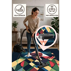 Pamuk Dokuma Taban Halı – Lacivert; Kırmızı; Yeşil; Sarı; Beyaz – Soyut Desen, Makinede Yıkanabilir, Kolay Temizlenebilir, Toz Ve Tüy Tutmaz, Kaymaz, Evcil Hayvan Dostu