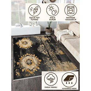 Mutfak Halısı – Siyah; Bej; Sarı – Floral Desen, Makinede Yıkanabilir, Kolay Temizlenebilir, Toz Ve Tüy Tutmaz, Kaymaz, Evcil Hayvan Dostu