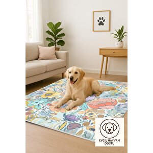 Mutfak Halısı – Mavi; Sarı; Turuncu; Lila – Çiçekli Desen, Makinede Yıkanabilir, Kolay Temizlenebilir, Toz Ve Tüy Tutmaz, Kaymaz, Evcil Hayvan Dostu