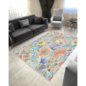 Mutfak Halısı – Mavi; Sarı; Turuncu; Lila – Çiçekli Desen, Makinede Yıkanabilir, Kolay Temizlenebilir, Toz Ve Tüy Tutmaz, Kaymaz, Evcil Hayvan Dostu 200x270 cm