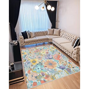 Mutfak Halısı – Mavi; Sarı; Turuncu; Lila – Çiçekli Desen, Makinede Yıkanabilir, Kolay Temizlenebilir, Toz Ve Tüy Tutmaz, Kaymaz, Evcil Hayvan Dostu 200x270 cm