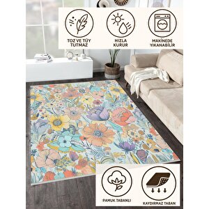Mutfak Halısı – Mavi; Sarı; Turuncu; Lila – Çiçekli Desen, Makinede Yıkanabilir, Kolay Temizlenebilir, Toz Ve Tüy Tutmaz, Kaymaz, Evcil Hayvan Dostu