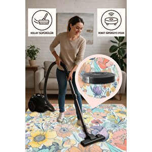 Mutfak Halısı – Mavi; Sarı; Turuncu; Lila – Çiçekli Desen, Makinede Yıkanabilir, Kolay Temizlenebilir, Toz Ve Tüy Tutmaz, Kaymaz, Evcil Hayvan Dostu