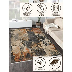 Oturma Odası Halısı – Siyah; Bej – Eskitilmiş Görünümlü Tasarım, Makinede Yıkanabilir, Kolay Temizlenebilir, Toz Ve Tüy Tutmaz, Kaymaz, Evcil Hayvan Dostu 100x180 cm