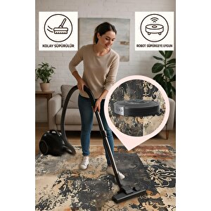 Oturma Odası Halısı – Siyah; Bej – Eskitilmiş Görünümlü Tasarım, Makinede Yıkanabilir, Kolay Temizlenebilir, Toz Ve Tüy Tutmaz, Kaymaz, Evcil Hayvan Dostu