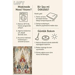 Pamuk Dokuma Taban Halı – Krem; Kırmızı; Mavi; Sarı – Eskitilmiş Görünümlü Oriental Desen, Makinede Yıkanabilir, Kolay Temizlenebilir, Toz Ve Tüy Tutmaz, Kaymaz, Evcil Hayvan Dostu