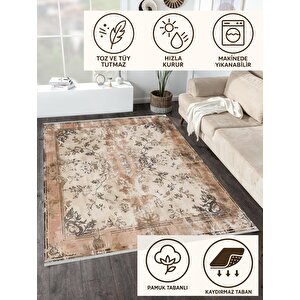 Pamuk Tabanlı Kaymaz Halı – Bej; Kahverengi; Krem – Oriental Desen, Pamuk Dokuma Taban, Makinede Yıkanabilir, Kolay Temizlenebilir, Toz Ve Tüy Tutmaz, Kaymaz, Evcil Hayvan Dostu