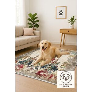 Pamuk Dokuma Taban Halı – Krem; Kırmızı; Mavi; Sarı – Eskitilmiş Görünümlü Oriental Desen, Makinede Yıkanabilir, Kolay Temizlenebilir, Toz Ve Tüy Tutmaz, Kaymaz, Evcil Hayvan Dostu