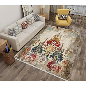 Pamuk Dokuma Taban Halı – Krem; Kırmızı; Mavi; Sarı – Eskitilmiş Görünümlü Oriental Desen, Makinede Yıkanabilir, Kolay Temizlenebilir, Toz Ve Tüy Tutmaz, Kaymaz, Evcil Hayvan Dostu