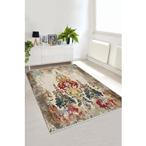 Pamuk Dokuma Taban Halı – Krem; Kırmızı; Mavi; Sarı – Eskitilmiş Görünümlü Oriental Desen, Makinede Yıkanabilir, Kolay Temizlenebilir, Toz Ve Tüy Tutmaz, Kaymaz, Evcil Hayvan Dostu