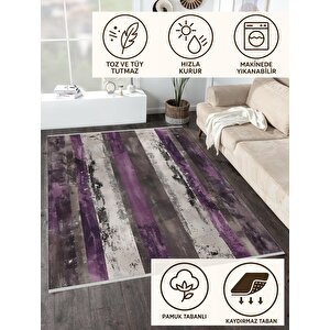 Pamuk Dokuma Taban Halı – Mor; Gri; Krem – Çizgili Desen, Makinede Yıkanabilir, Kolay Temizlenebilir, Toz Ve Tüy Tutmaz, Kaymaz, Evcil Hayvan Dostu 150x150 cm