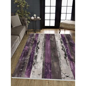 Pamuk Dokuma Taban Halı – Mor; Gri; Krem – Çizgili Desen, Makinede Yıkanabilir, Kolay Temizlenebilir, Toz Ve Tüy Tutmaz, Kaymaz, Evcil Hayvan Dostu 150x150 cm