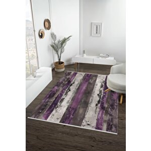 Pamuk Dokuma Taban Halı – Mor; Gri; Krem – Çizgili Desen, Makinede Yıkanabilir, Kolay Temizlenebilir, Toz Ve Tüy Tutmaz, Kaymaz, Evcil Hayvan Dostu