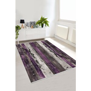 Pamuk Dokuma Taban Halı – Mor; Gri; Krem – Çizgili Desen, Makinede Yıkanabilir, Kolay Temizlenebilir, Toz Ve Tüy Tutmaz, Kaymaz, Evcil Hayvan Dostu