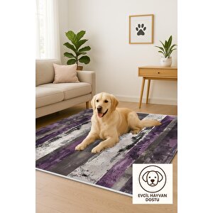 Pamuk Dokuma Taban Halı – Mor; Gri; Krem – Çizgili Desen, Makinede Yıkanabilir, Kolay Temizlenebilir, Toz Ve Tüy Tutmaz, Kaymaz, Evcil Hayvan Dostu